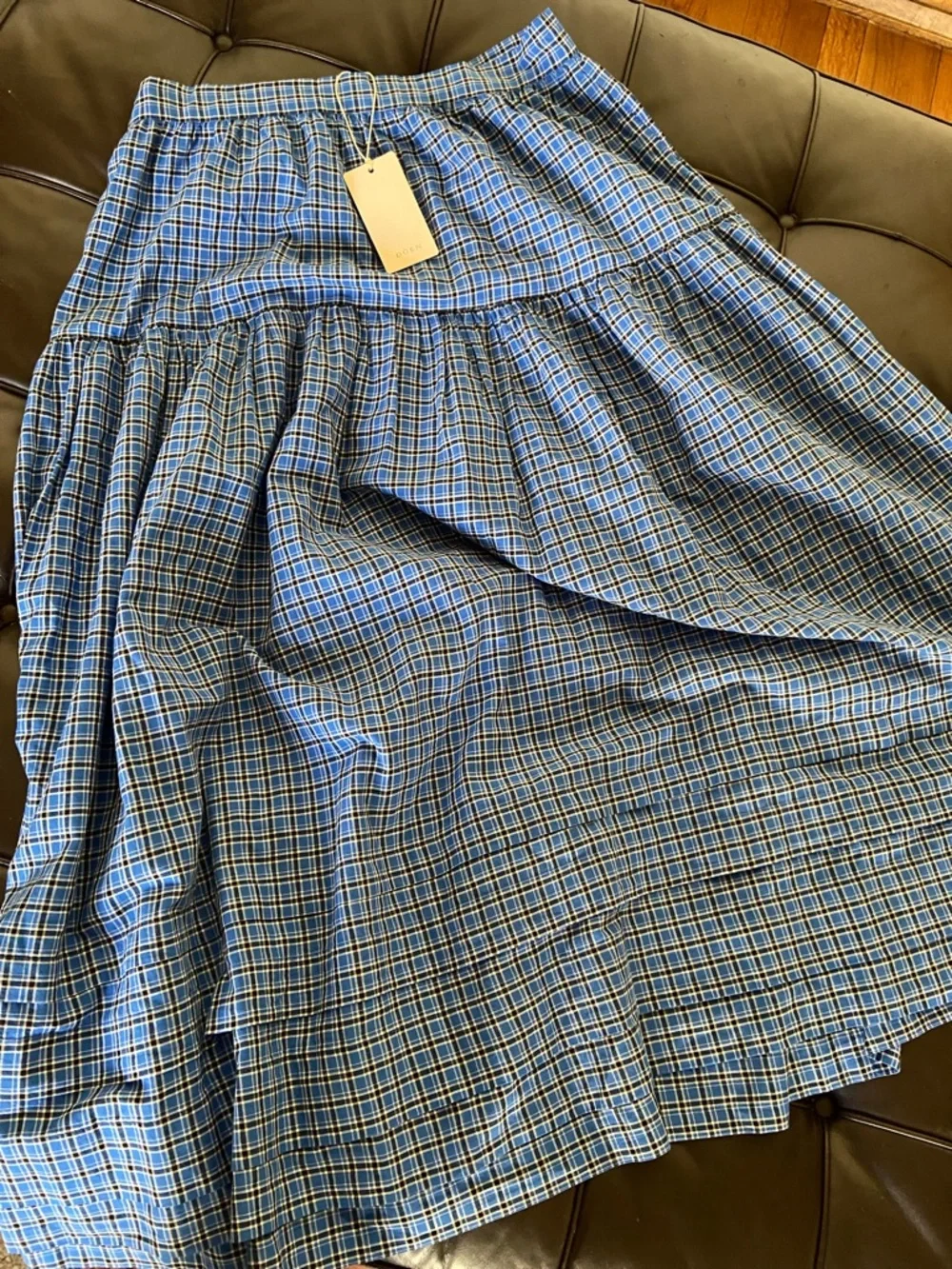 DÔEN Sebastiane Tiered Checked Voile Midi Skirt NWT in Blue Cassis Check - Picture 6 of 7